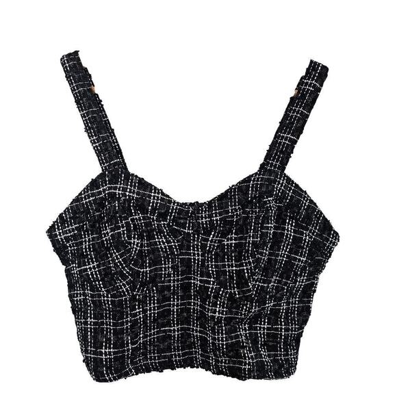 Japna Tops - Japna Tweed Crop Top Cami Womens Large Black Plaid Bralette Twee Festival Boho